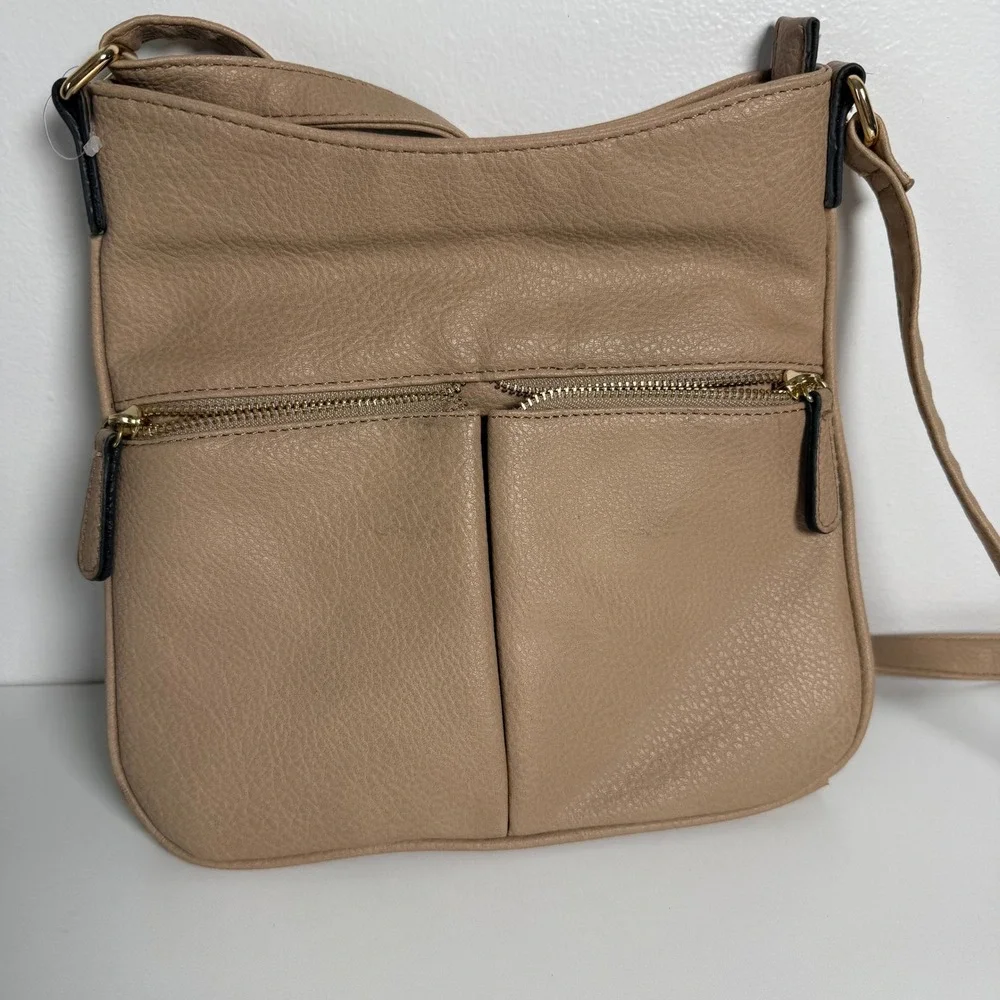 Khaki Faux Leather Crossbody Bag Double Zip Front Pocket Adjustable Strap - Picture 1 of 7